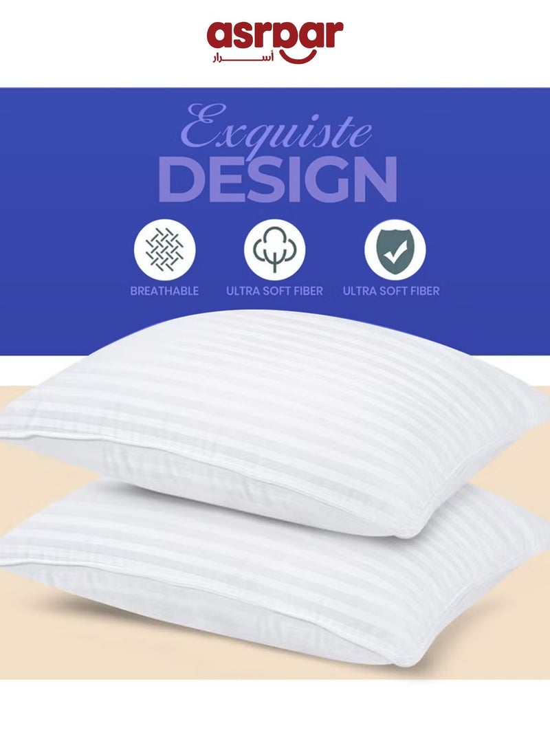 Asraar Premium 20 cm Thick Microfiber Bed Pillows With Stripes, Standard Size 1000 Grams, Hotel-Quality Cooling Pillow for All Sleep Positions - Ideal for Side, Back & Stomach Sleepers, Fluffy Bed Stripe Pillows for Bed, Machine Washable, 75 x 50 cm White - 2 Pillow - Image 5